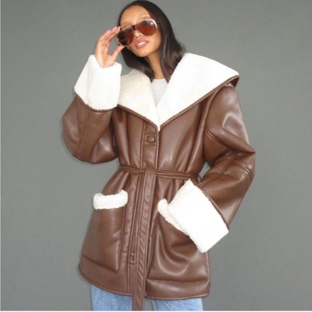 WeWoreWhat Brown Leather Jacket with Cream Accents